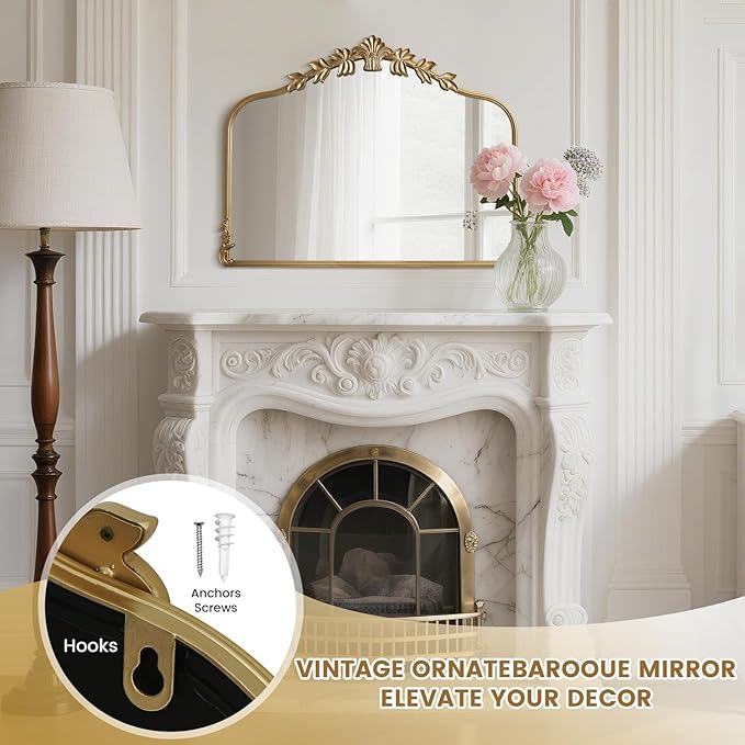 WallBeyond Gold Antique Mirror for Vanity 32x24 Inch, Gold Vintage Mirror with Ornate Frame, Arched Vintage Wall for Bathroom, Living Room, Fireplace
