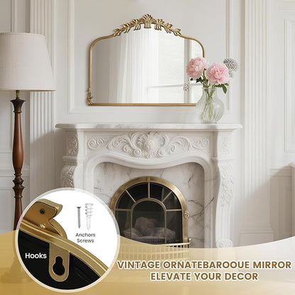 WallBeyond Gold Antique Mirror for Vanity 32x24 Inch, Gold Vintage Mirror with Ornate Frame, Arched Vintage Wall for Bathroom, Living Room, Fireplace