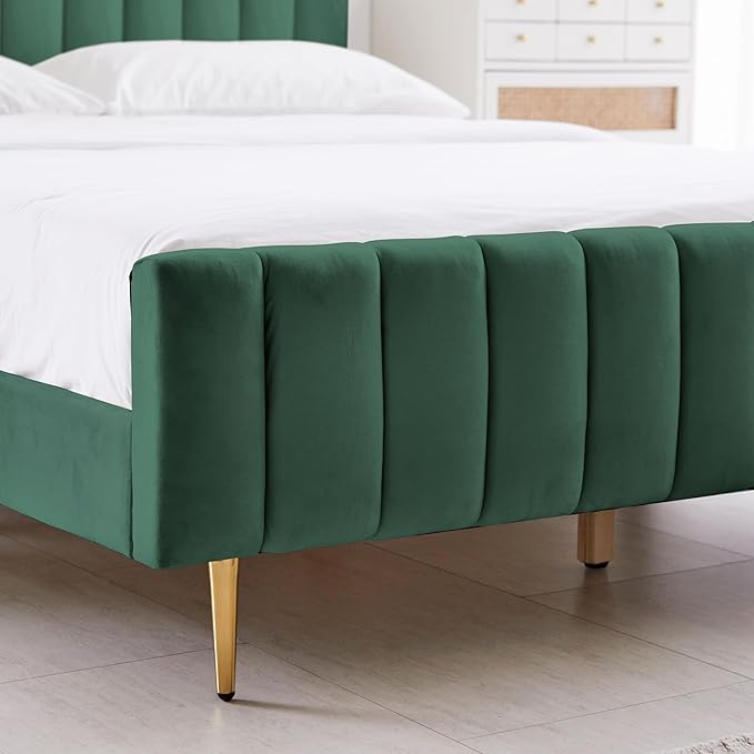 Livinia King Size Elton Velvet Platform Bed, Upholstered Bed Frame with Vertical Channel Tufted Headboard Footboard, Strong Wood Slats, No Box Spring Needed, Green (King)