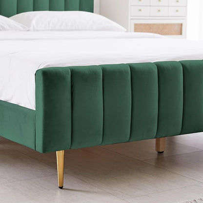 Livinia Queen Size Elton Velvet Platform Bed, Upholstered Bed Frame with Vertical Channel Tufted Headboard Footboard, Strong Wood Slats, No Box Spring Needed, Green (Queen)