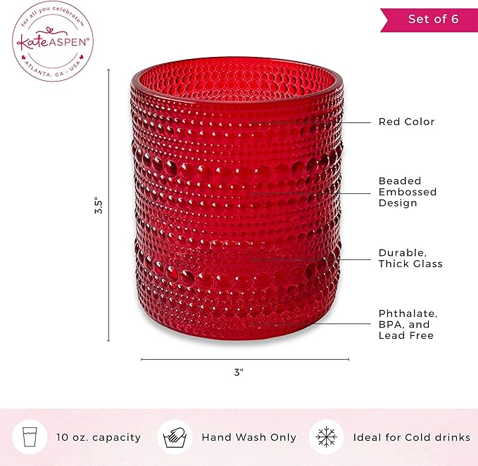 Kate Aspen Red Hobnail Vintage Drinking Glasses Set of 6-10 oz Beaded Glassware for Cocktails, Tea, Water, Juice | Ribbed Retro Glass Cups for Entertaining, Gift Giving or Bar Decor