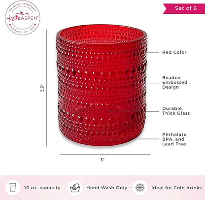 Kate Aspen Red Hobnail Vintage Drinking Glasses Set of 6-10 oz Beaded Glassware for Cocktails, Tea, Water, Juice | Ribbed Retro Glass Cups for Entertaining, Gift Giving or Bar Decor