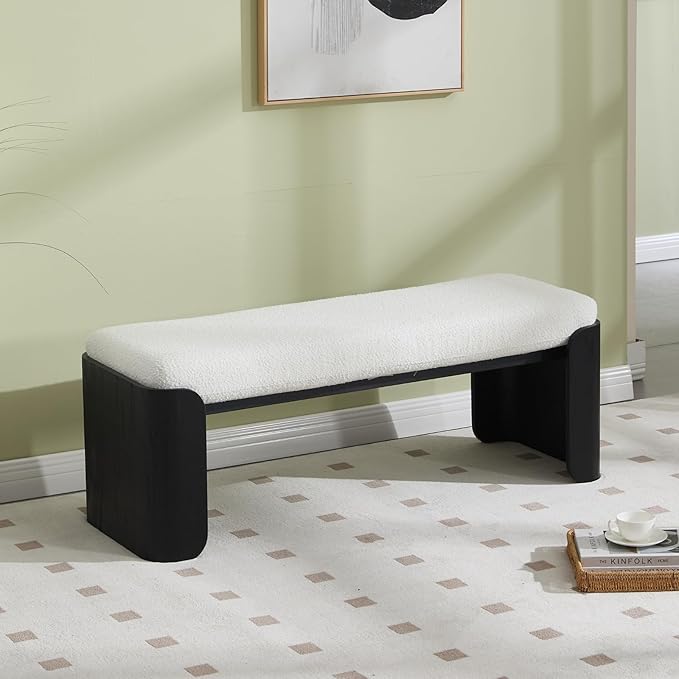 DUOMAY Modern Sherpa Bedroom Bench, 49" Wide Long Entryway Bench with Solid Wood Legs Upholstered Dining Bench Ottoman for Living Room Indoor, White