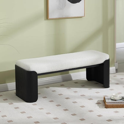 DUOMAY Modern Sherpa Bedroom Bench, 49" Wide Long Entryway Bench with Solid Wood Legs Upholstered Dining Bench Ottoman for Living Room Indoor, White