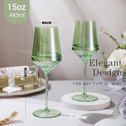 Physkoa Green Wine Glasses Set 6-15oz Crystal Green Wine Glasses With Long Stem