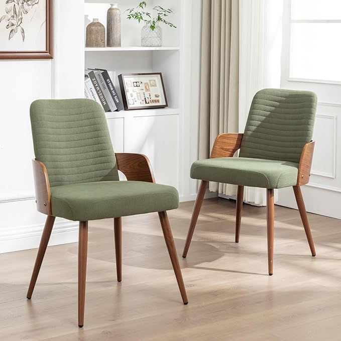 Dining Room Chairs Set of 2,Mid Century Modern Kitchen Chairs,Green Corduroy Fabric Upholstered Chairs,Metal Legs Wooden Desk Chairs,Armless and No Wheels for Kitchen Dining Room