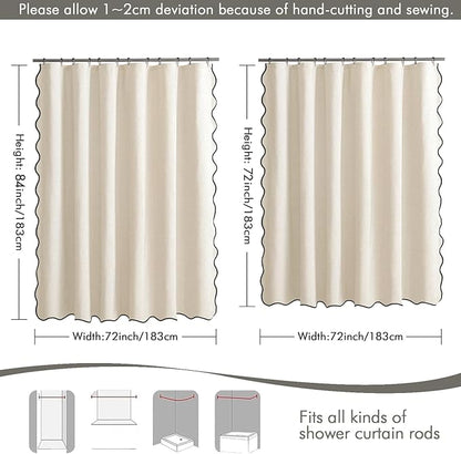 MIULEE 84" Long Scalloped Shower Curtain Linen Textured with 12 Metal Hooks Cute Extra Long Heavy Duty Washable Waterproof Cloth Curtains with Black Border for Bathroom Hotel Bathtub,Ivory