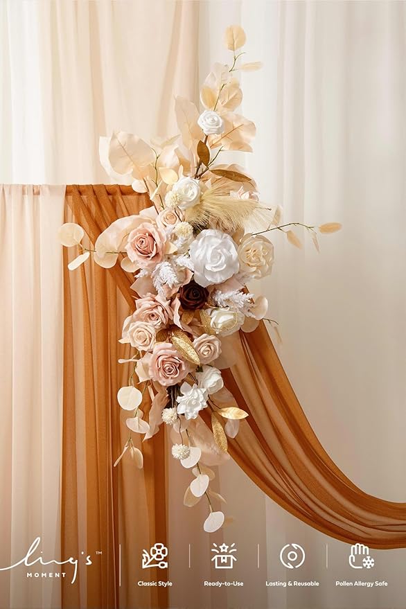 Ling's moment Spring Wedding Arch Flowers Kit Pack of 4, 2pcs Hanging Flower Arrangement 2pcs Chiffon Drapes Ceremony Fake Rose Arbor Backdrop Artificial Floral Outdoor Decorations, White Beige