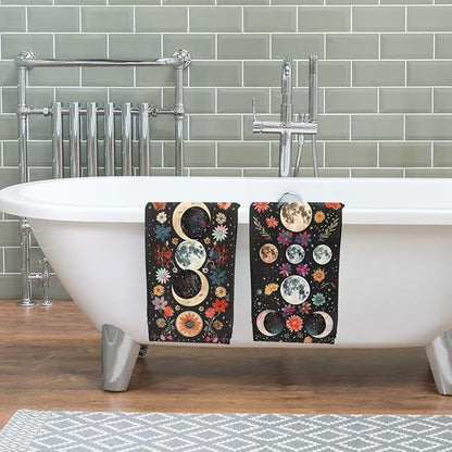 Aesthetic Moon Flower Kitchen Towels Set of 2 Decorative Stars Plant Floral Tabletop Decor Moon Flower