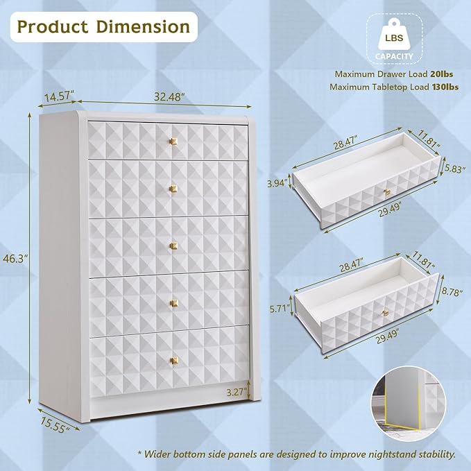 Modern 5 Drawer Dresser for Bedroom, Wooden Tall Dressers &Chests of Drawers w/Two Different Drawer Sizes, Mid Century Modern Dresser w/Diamond Panel Decorate for Bedroom, Curved Profile Design, White