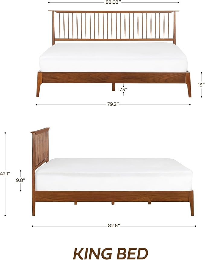 NTC Ruby Wooden Bed Frame with Headboard, Crafted from Walnut, Rubber Wood with Silent Slats and Wood Central Supports, 1000 Lb Capacity, Effortless Assembly, King - Dark Walnut