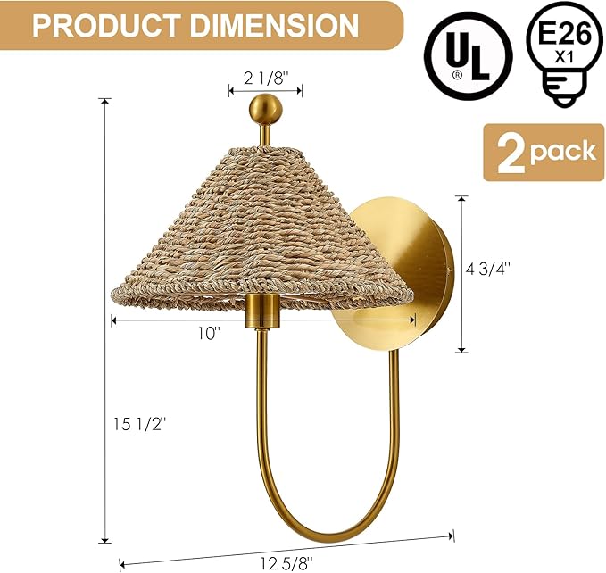 Boho Hand Woven Rattan Wall Scones Set of 2 Brass Wall Lamp Sconces Rustic Wall Lights for Bedside Hallway Vanity Stairway Fireplace Living Room, UL Listed