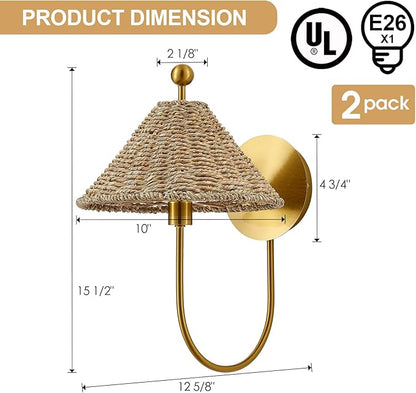Boho Hand Woven Rattan Wall Scones Set of 2 Brass Wall Lamp Sconces Rustic Wall Lights for Bedside Hallway Vanity Stairway Fireplace Living Room, UL Listed