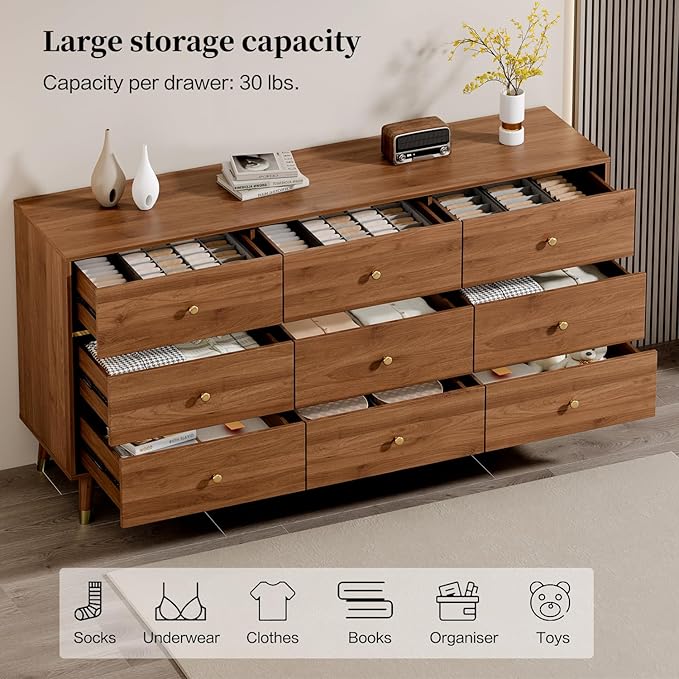 9 Drawer Dresser 63" Wide Mid Century Modern Chest of Drawers, Tan
