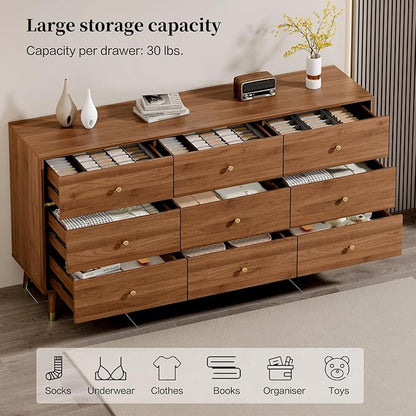 9 Drawer Dresser 63" Wide Mid Century Modern Chest of Drawers, Tan