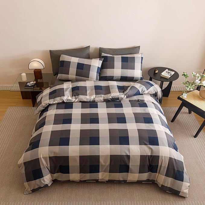 CLOTHKNOW Blue Plaid King Size Comforter Set Gingham Buffalo Bedding Comforter Sets Geometric Comforter King Sets with 2 x Pillow Cases