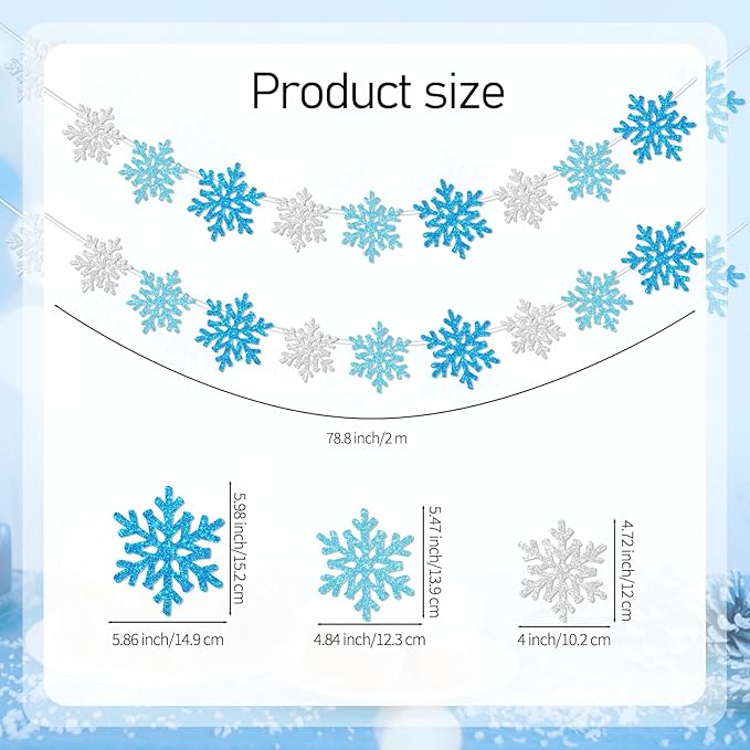 2Pack Silver Blue Snowflake Garland Winter Wonderland Decorations, Glitter Snowflake Banner for Boy Frozen Birthday Party Decorations and Christmas Baby Shower Party Supplies, No DIY.