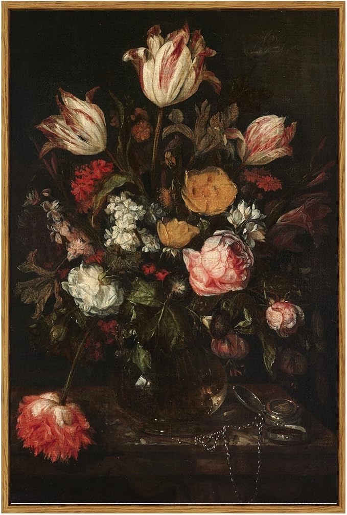 ARPEOTCY Large Framed Canvas Wall Art, Dark Roses Pictures Decor, 24x36Inch, Bathroom Bedroom Kitchen Vintage Floral Decor, Moody Farmhouse French Country Art