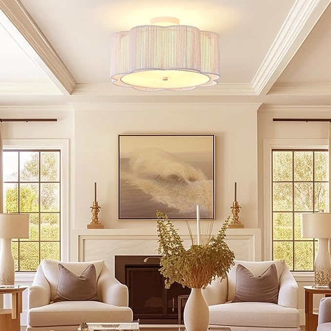 17.7" Rattan Flush Mount Ceiling Light, 3-Light Boho Close to Ceiling Light Fixtures, Rattan Bedroom Ceiling Light, Farmhouse Large Drum Chandelier for Dining Room, Kitchen, Hallway(White)