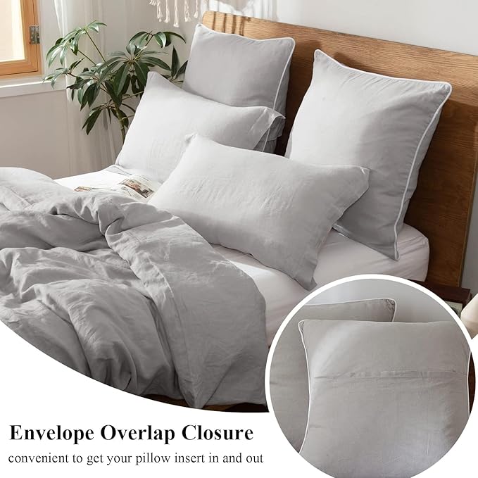 Simple&Opulence 100% Linen Euro Sham Covers with Piping Trim, 26"x26" Pillow Cover Set of 2, Breathable Pillow Shams for Bed Couch Decorative Cushions, Light Grey