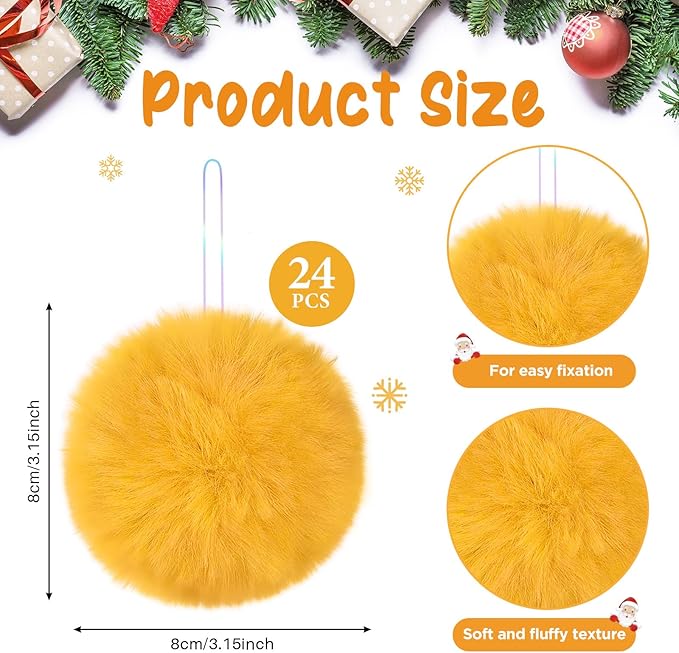 12Pcs Furry Christmas Ball Ornament for Xmas Tree Yellow Soft Faux Fur Pom Pom Ball Ornaments Christmas Tree Hanging Decorations for Winter Party Home Decor Costume Supplies
