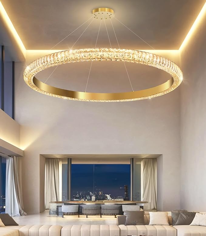 40" 1 Ring Crystal Chandelier Modern LED Dimmable Ring Pendant Light Chandelier for Dining Room Living Room Gold