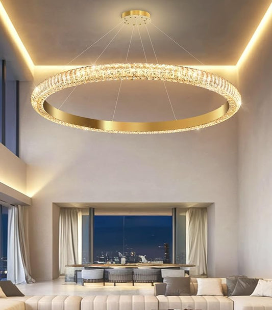 40" 1 Ring Crystal Chandelier Modern LED Dimmable Ring Pendant Light Chandelier for Dining Room Living Room Gold