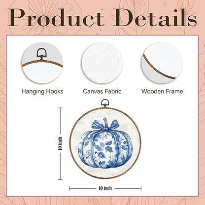 Hxlac Chinoiserie Pumpkin Fall Round Wall Art Framed, Blue and White Porcelain Pumpkin Round Wall Decor, Autumn Halloween Hanging Canvas Prints Wall Sculptures for Home Room Decor, 10x10 Inch