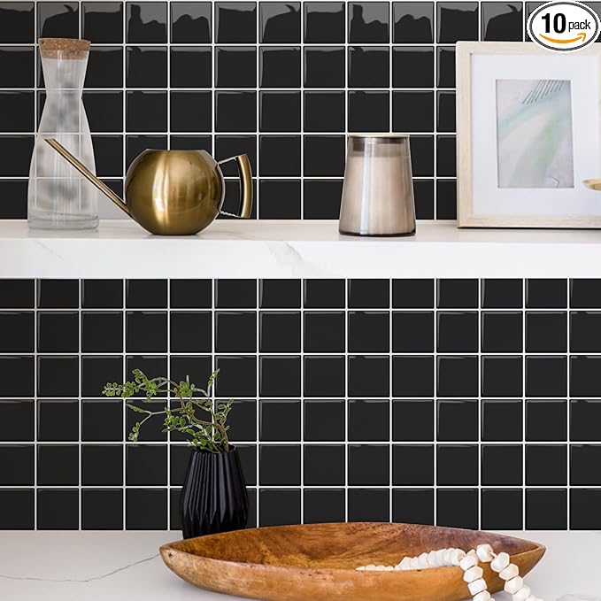 Alwayspon 10 Sheets 10"x10" Black 3D Vinyl Backsplash Tiles, Self-Adhesive Peel and Stick Wall Tile Stickers Stick on Subway Tiles for Kitchen Bathroom Wall