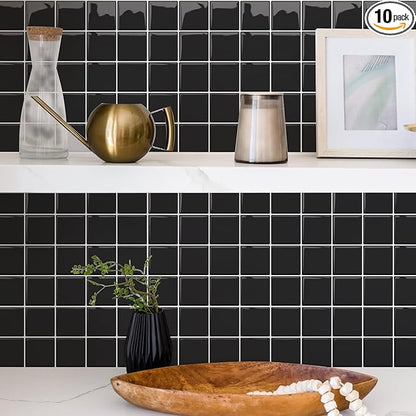 Alwayspon 10 Sheets 10"x10" Black 3D Vinyl Backsplash Tiles, Self-Adhesive Peel and Stick Wall Tile Stickers Stick on Subway Tiles for Kitchen Bathroom Wall