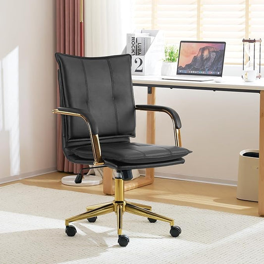 MOJAY Mid-Back Ergonomic Leather Desk Chair, Modern Upholstered Computer Chair, Executive Office Chair with Arms, Swivel Adjustable Rolling Chair with Gold Base (Black)