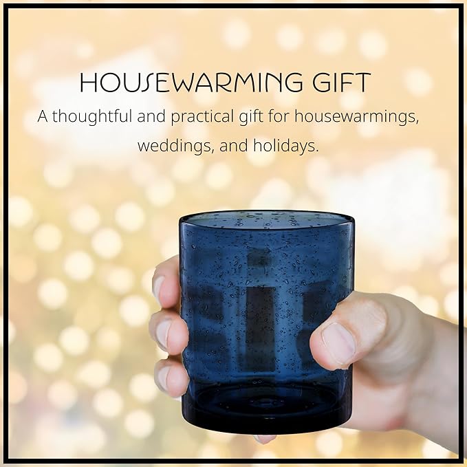 ARTLAND 14oz Double Old Fashion Glass, Set of 4 | Iris Seeded Design, Slate Blue | Drinking Glass for Parties and Everyday Use - Mojito, Whiskey, Cocktail | Glassware & Barware Essentials