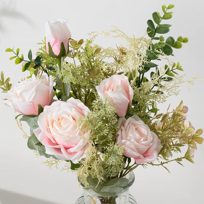 YJ Fake Flowers with Vase, Artificial Flowers Silk Roses Flower Bouquet in Vase, Faux Flower Arrangements,Farmhouse Table Decor,Table Decorations for Living Room(Pink)