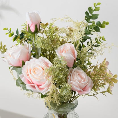 YJ Fake Flowers with Vase, Artificial Flowers Silk Roses Flower Bouquet in Vase, Faux Flower Arrangements,Farmhouse Table Decor,Table Decorations for Living Room(Pink)