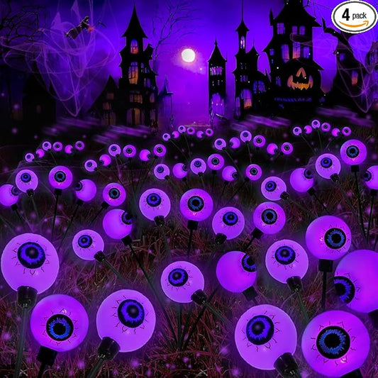 4 Pack Halloween Decorations Outdoor Waterproof, 24 LED Purple Solar Eyeball Lights, Swaying Firefly Light (Slow Glow or Steady on), for Garden Grave Yard Lawn Haunted House Decor