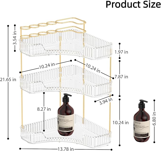 Makeup Organizer Countertop 3 Tier, Corner Bathroom Countertop Organizer with Toothbrush and Makeup Brush Holder, Corner Vanity for Skincare Organization