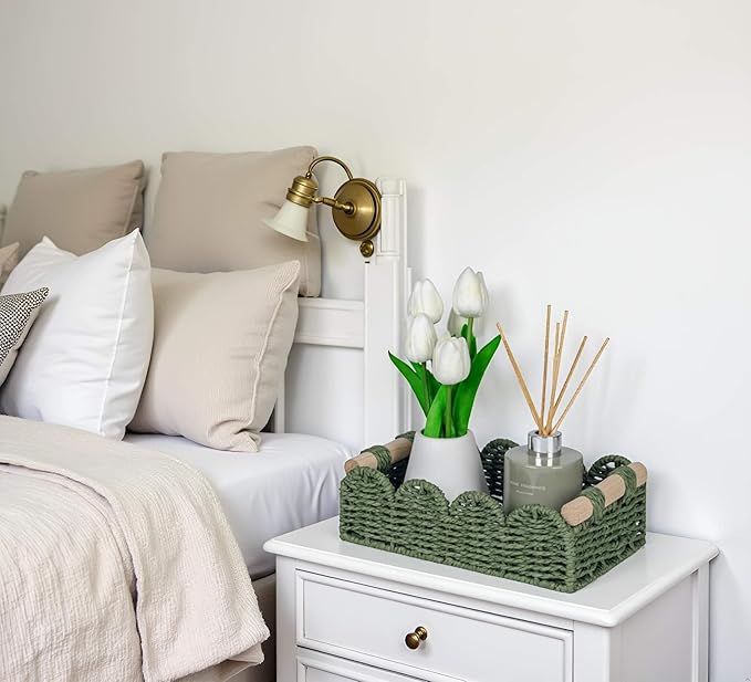 CubesLand Toilet Paper Storage Basket Scalloped Edge Home Decor Green Basket, Living Room Cozy Decor, Paper Rope Small Baskets for Over Toilet Storage Shelf, Shelves, with 2 Wooden Handles