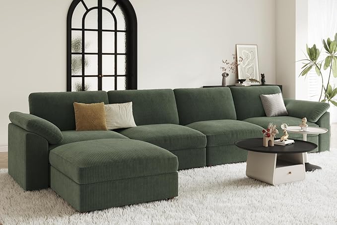 EASE MOOSE Oversized Sectional Sofa with Ottoman,Comfty L Shape Sectional Deep seat Modular Sofa,Cloud Couch for Living Room, Removable Cover,Green