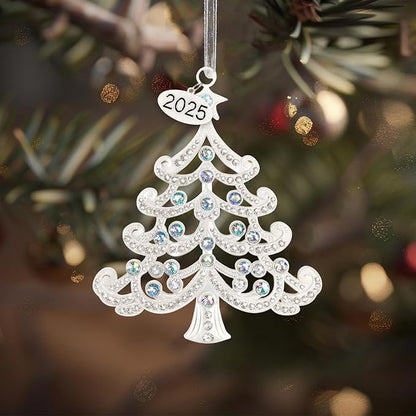 2025 Metal Christmas Tree Ornament Decorations 5" with Iridescent Crystals & 2025 Dated Engraved for Keepsake Gifts Holiday Home Party Decor