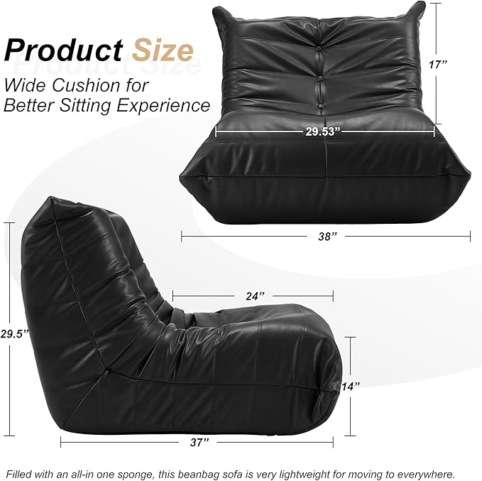 Hobestluk Giant Bean Bag Chair Lazy Floor Sofa, Fireside Sofa for Adults, Big Beanbag Faux Leather Armless Chair for Living Room Bedroom Dorm Office (Black, Single)