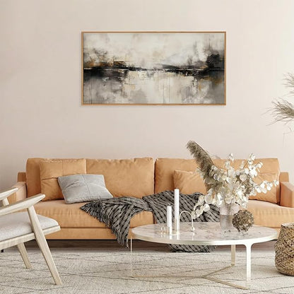 HOURIA Large Neutral Black Brown Framed Canvas Wall Art Set,Abstract Gray Wall Decor,Minimalist Beige Wall Painting,Modern Illustrations Tan Art Print for Living Room, Bedroom, Office- 40"x20"x1