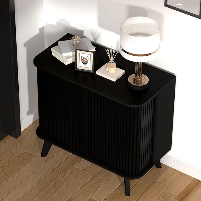 Fluted Sideboard Buffet Cabinet with Storage, 27” Curvy Edge Accent Storage Cabinet with Sliding Doors & Shelves, Modern Sideboard Credenza Console for Kitchen, Living Room, Entryway, Black