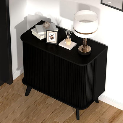 Fluted Sideboard Buffet Cabinet with Storage, 27” Curvy Edge Accent Storage Cabinet with Sliding Doors & Shelves, Modern Sideboard Credenza Console for Kitchen, Living Room, Entryway, Black