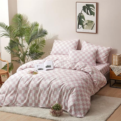 CLOTHKNOW Pink White Plaid Twin/Twin XL Comforter Set Grid Bedding Comforter Sets All Season Soft Checker Comforters with 2 x Pillow Cases