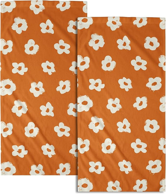 Modern Style Kitchen Towels Set of 2 Orange Floral Microfiber Dish Towels Kitchen