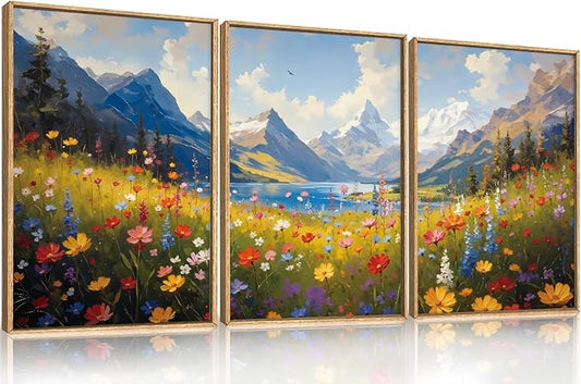 HOURIA Colorful Wildflower Mountain Framed Canvas Wall Art Set,Blue Sky Lake Green Tree Grass Wall Decor,Nature Flower Artwork,Field Scenery Art Prints for Living Room,Bedroom,Farmhouse-16 x24 x3