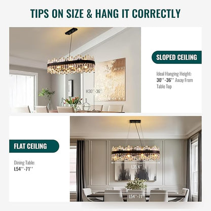 Siljoy Modern Crystal Chandelier for Dining Room, 16-Light Black Oval 2-Tiers Crystal Raindrop Chandelier, Farmhouse Dimmable Crystal Pendant Ceiling Light for Living Room Kitchen Island L35.4''
