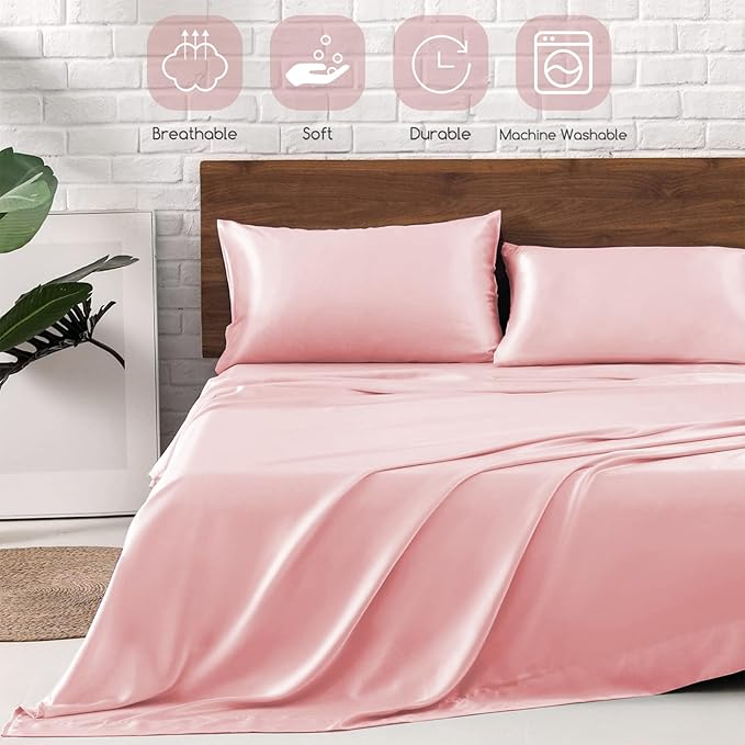 MR&HM Satin Bed Sheets, Twin XL Size Sheets Set, 3 Pcs Silky Bedding Set with 15 Inches Deep Pocket for Mattress (Twin XL, Light Pink)