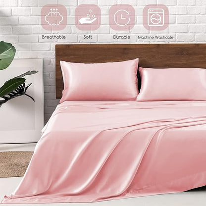 MR&HM Satin Bed Sheets, Full Size Sheets Set, 4 Pcs Silky Bedding Set with 15 Inches Deep Pocket for Mattress (Full, Light Pink)