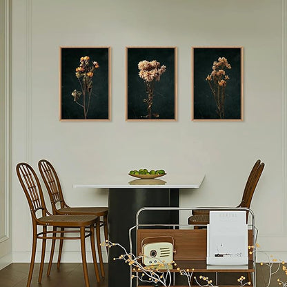 HOURIA Moody Boho Floral Framed Canvas Wall Art Set,Vintage Black Flower Wall Decor,Mid Century Minimalist Wildflower Artwork,Nature Retro Botanical Art Print for Living Room,Bedroom,Office- 16"x24"x3